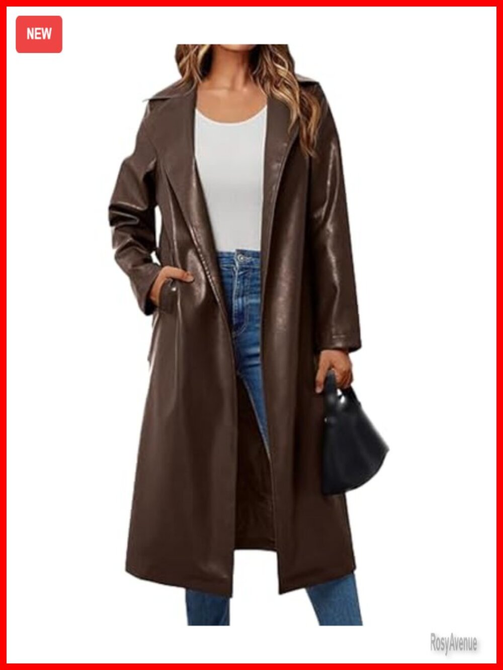 Faux Leather Trench Coat Notched Lapel Belted Motorcycle Maxi Jacket